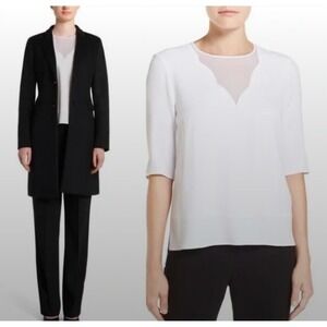 Hugo Boss Imoona Ivory Sheer Inset/Scalloped Neck Cream Crepe Blouse Sz US 14